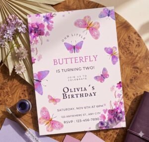 Butterflies Baby Purple Floral Birthday Invitation, Canva Editable Garden Party Invites