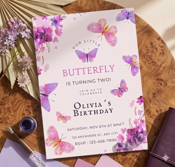 Butterflies Baby Purple Floral Birthday Invitation, Canva Editable Garden Party Invites