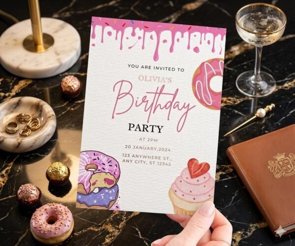 Editable Sweet One Party Invite, Two Sweet Girl Birthday Stationery, Pink Donut Birthday Invitation