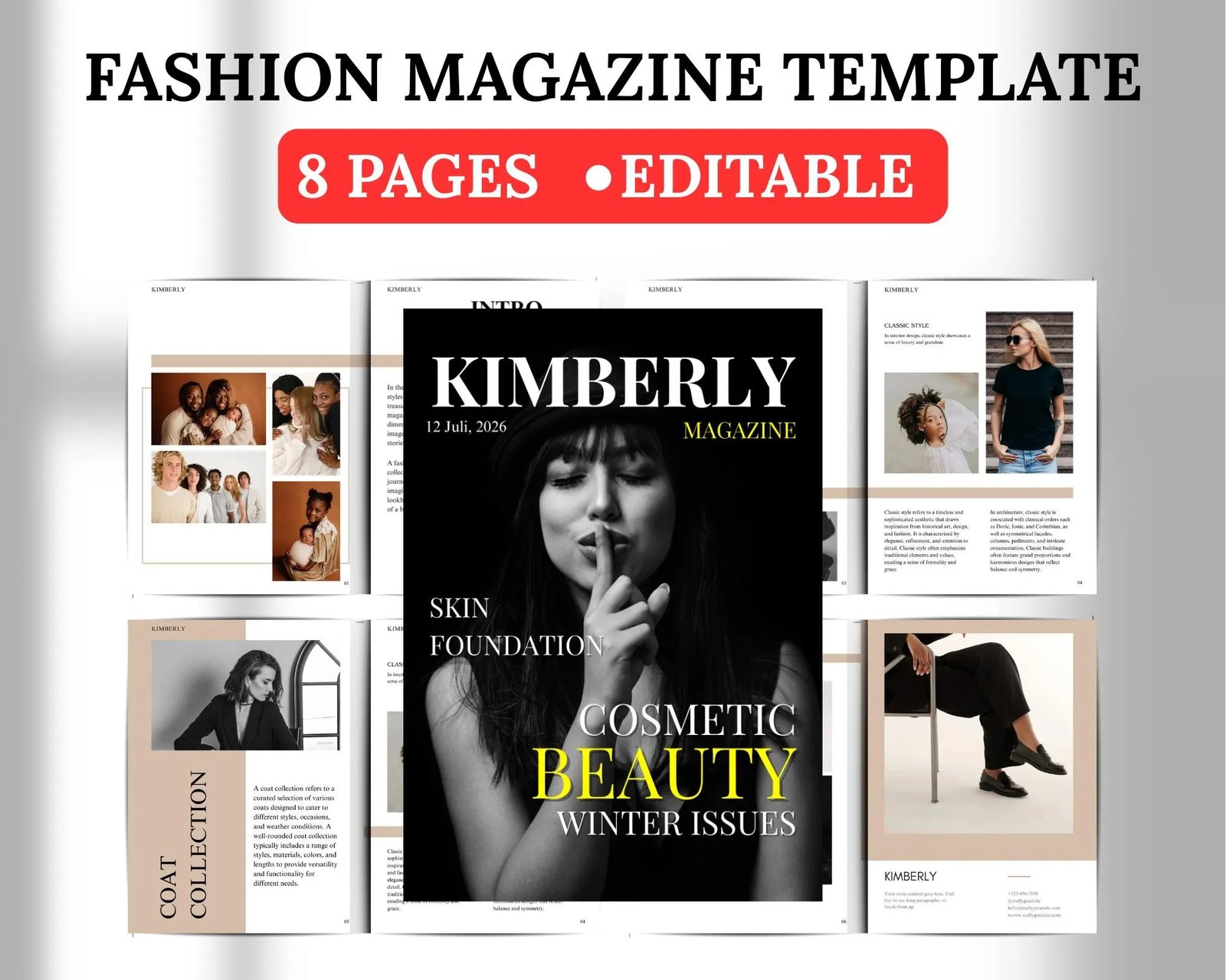 Editable Black and White Fashion Magazine Template, Minimalist Canva Editorial, Simple Aesthetic Lookbook