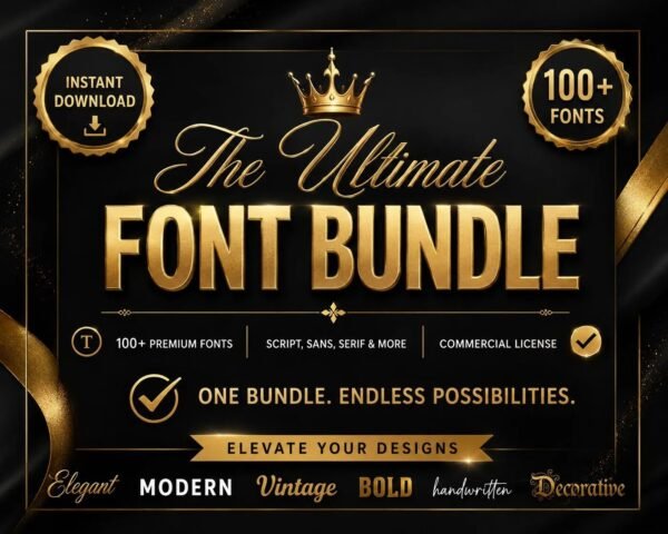 Ultimate Font Bundle, 100 Premium Mega Fonts in Bulk for Graphic Designers Crafters Cricut DIY Projects
